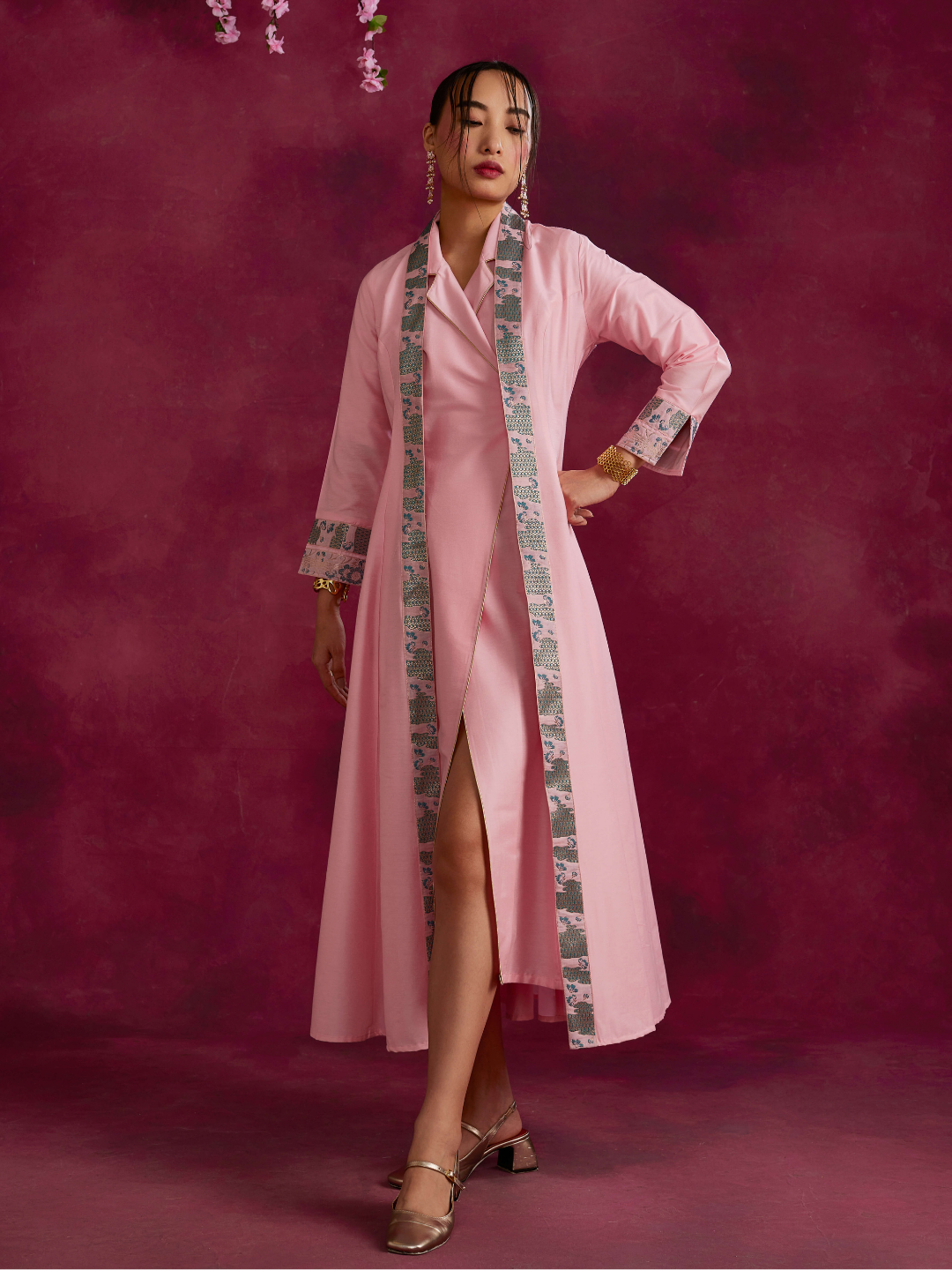 Lapel collared wrap dress with zari border flared jacket- Sakura pink