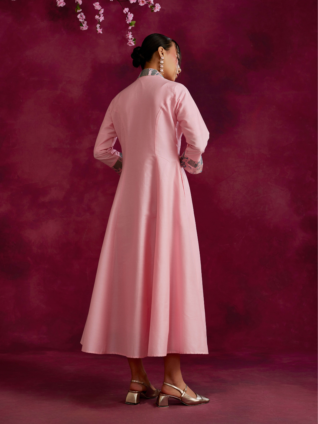 Lapel collared wrap dress with zari border flared jacket- Sakura pink