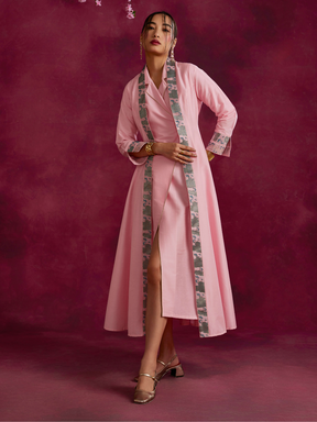 Lapel collared wrap dress with zari border flared jacket- Sakura pink