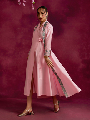 Lapel collared wrap dress with zari border flared jacket- Sakura pink