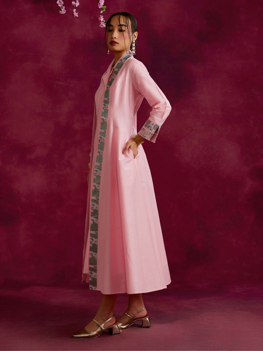 Lapel collared wrap dress with zari border flared jacket- Sakura pink