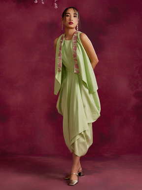 Asymmetrical cowl dress with zari border high-low hem jacket- Pistachio green