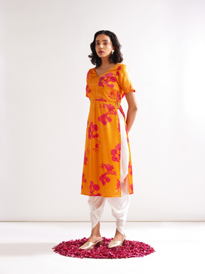 Gulmohar cowl drape straight kurta paired with dhoti pants- Spicy Orange