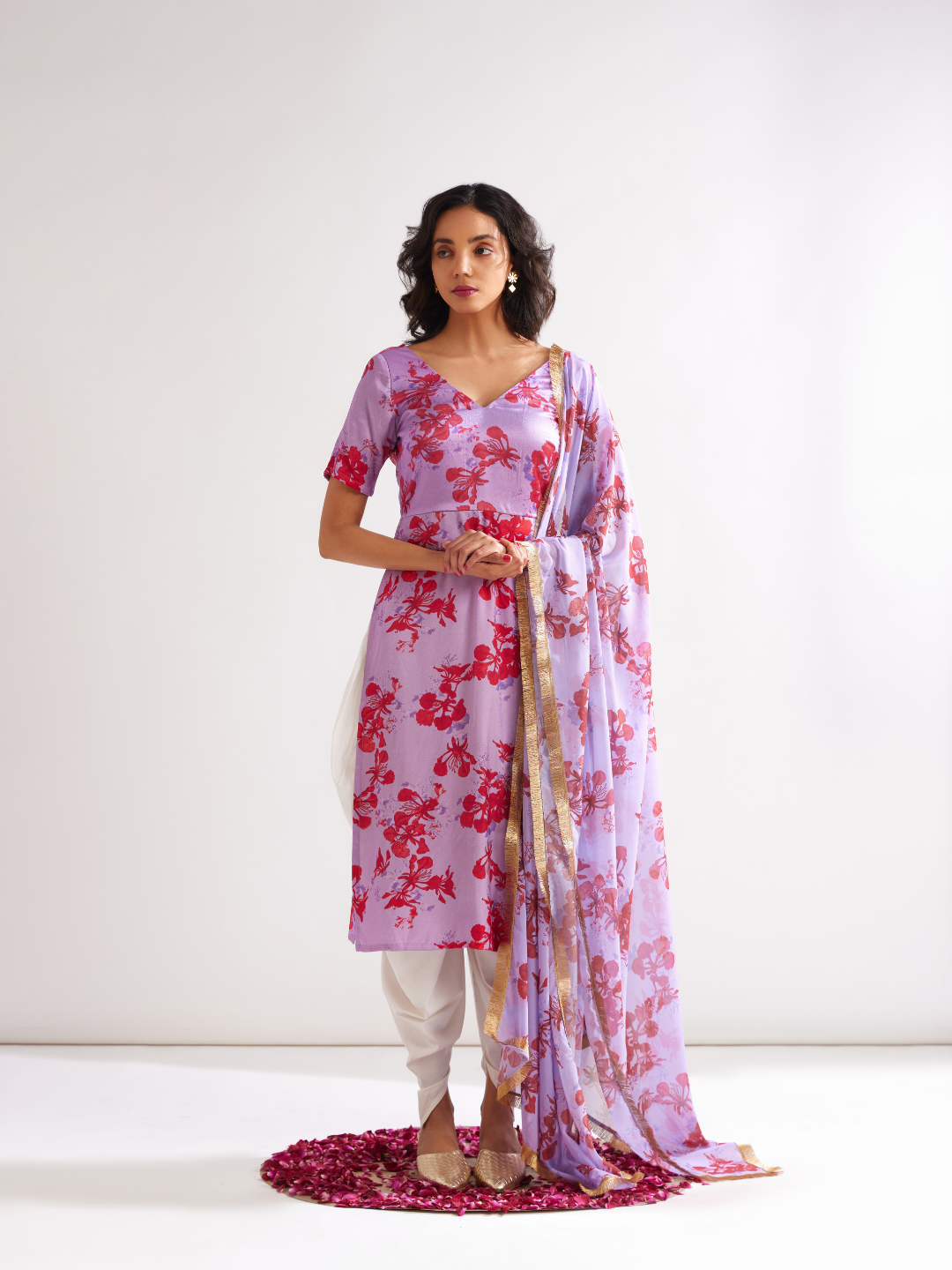 Gulmohar cowl drape straight kurta paired with dhoti pants- Lavender