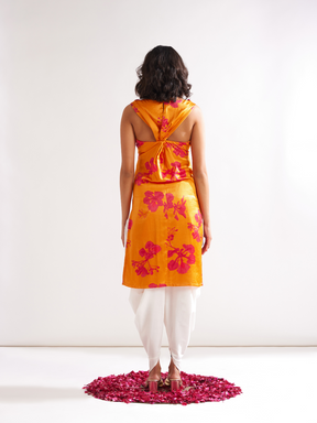 Gulmohar back cross drape Straight kurta paired with dhoti pants- Spicy Orange