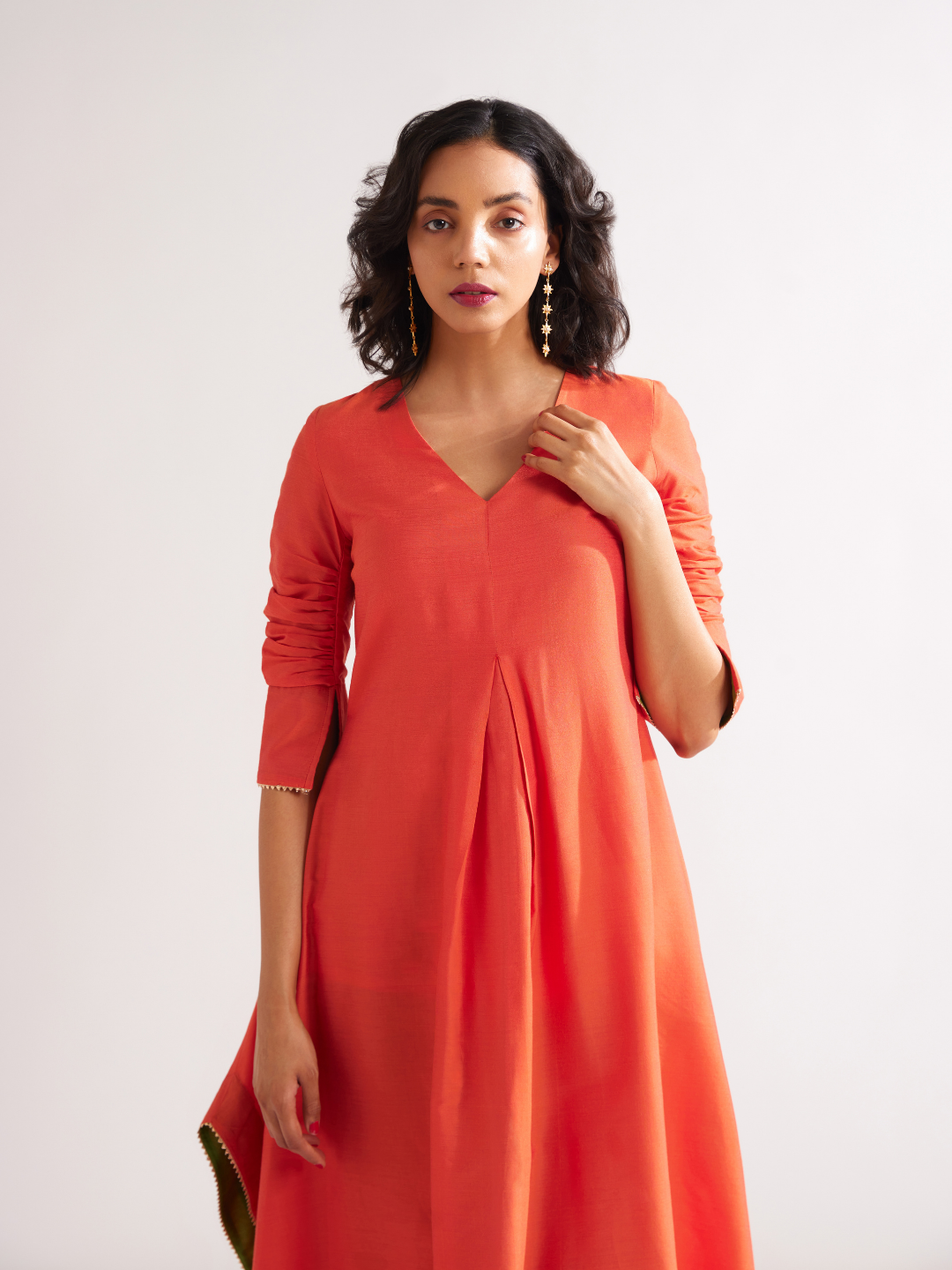 Inverted box pleat flare kurta paired with pegged pants- Spicy Orange