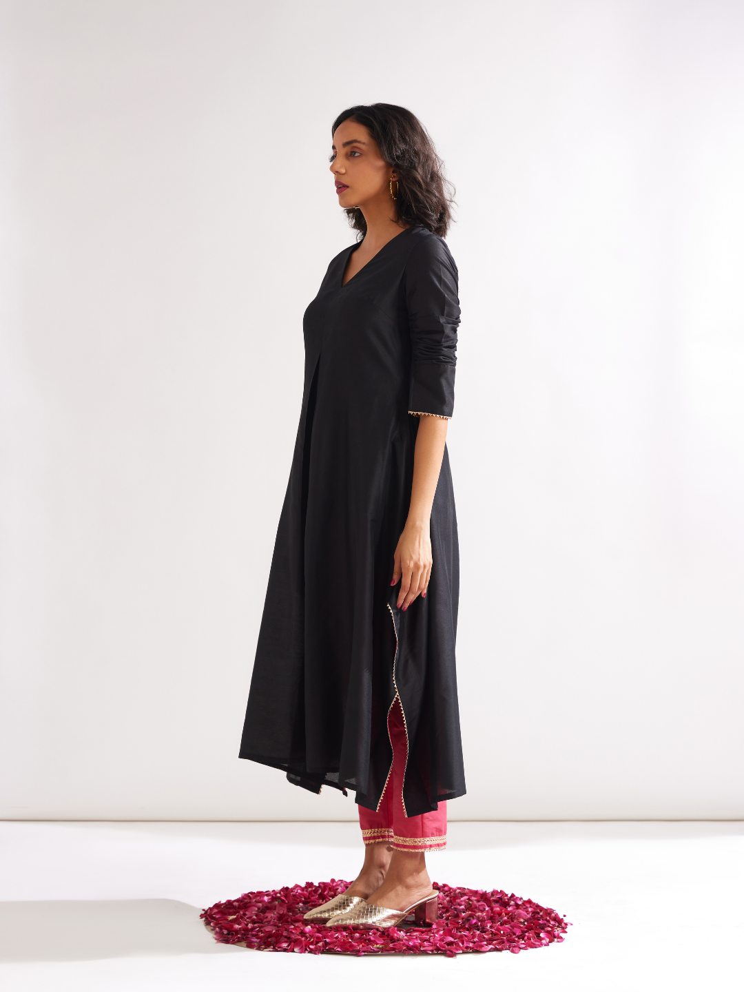 Inverted box pleat flare kurta paired with pegged pants- Rich black