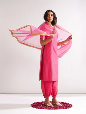 Scoop neckline kurta outlined with gota patti paired with pathani pants- Raspberry