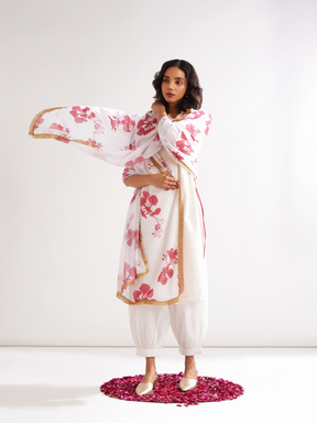Gulmohar lapel collared straight kurta paired with pathani pants- Ivory