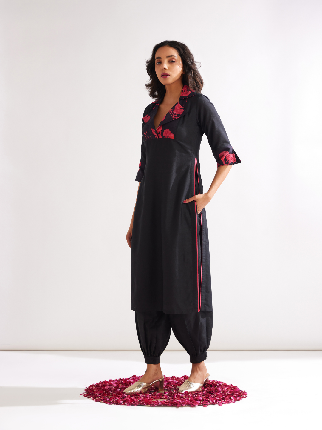Gulmohar lapel collared straight kurta paired with pathani pants- Rich black