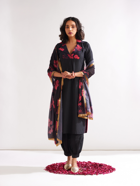 Gulmohar lapel collared straight kurta paired with pathani pants- Rich black