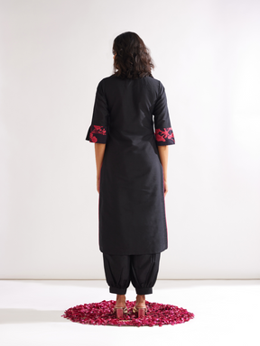 Gulmohar lapel collared straight kurta paired with pathani pants- Rich black