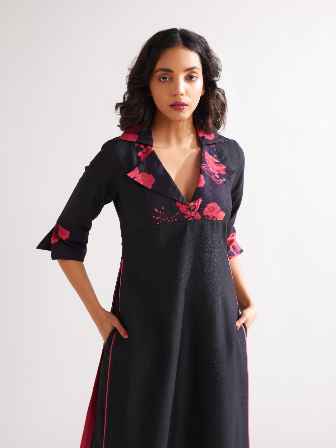 Gulmohar lapel collared straight kurta paired with pathani pants- Rich black