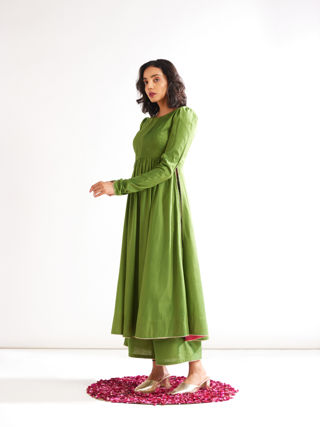 Pintucked yoke flared kurta with churidaar sleeves with palazzo pants- Pepper Green