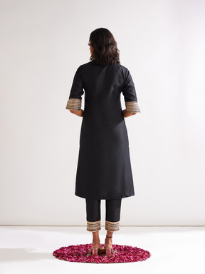 Stand collar straight kurta highlighted with gota patti with pegged pants- Rich black