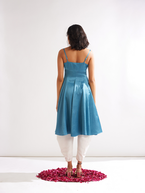 Cowl neck circular panelled kurta with side pleated pants- Blue moon