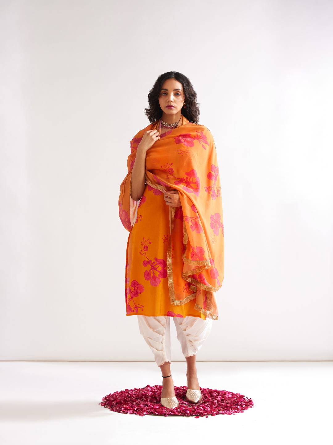 Gulmohar back tie-up kurta Paired with side pleated dhoti- Spicy Orange