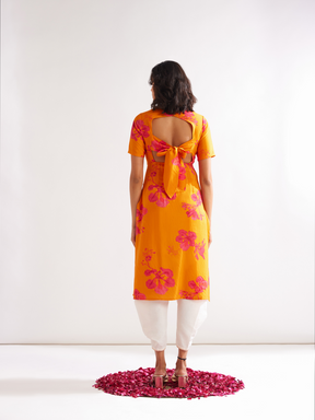 Gulmohar back tie-up kurta Paired with side pleated dhoti- Spicy Orange