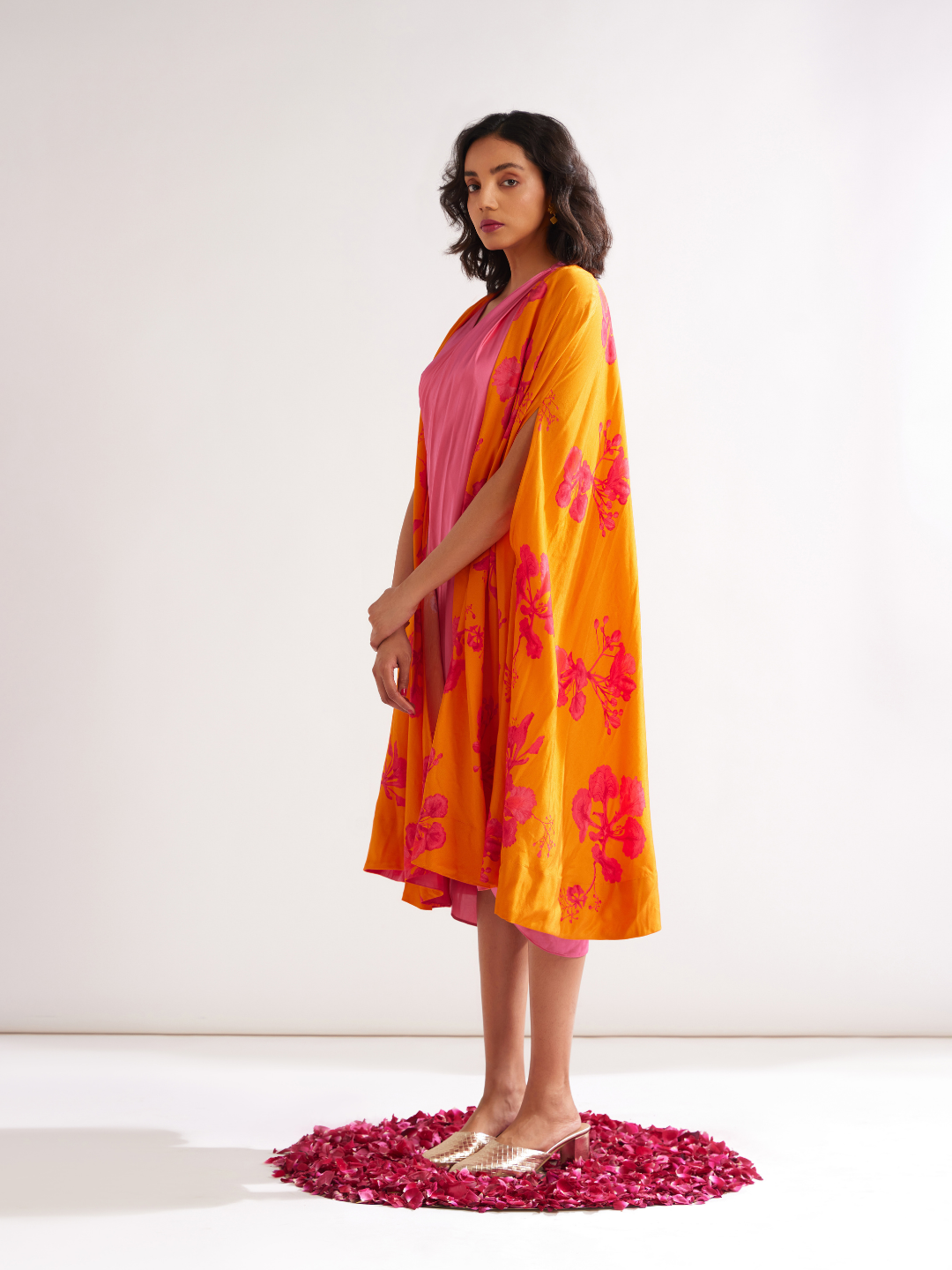 Pleated shoulder draped dress with Gulmohar cape- Raspberry
