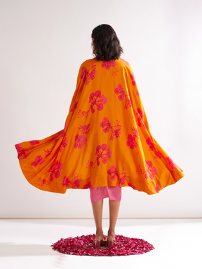 Pleated shoulder draped dress with Gulmohar cape- Raspberry
