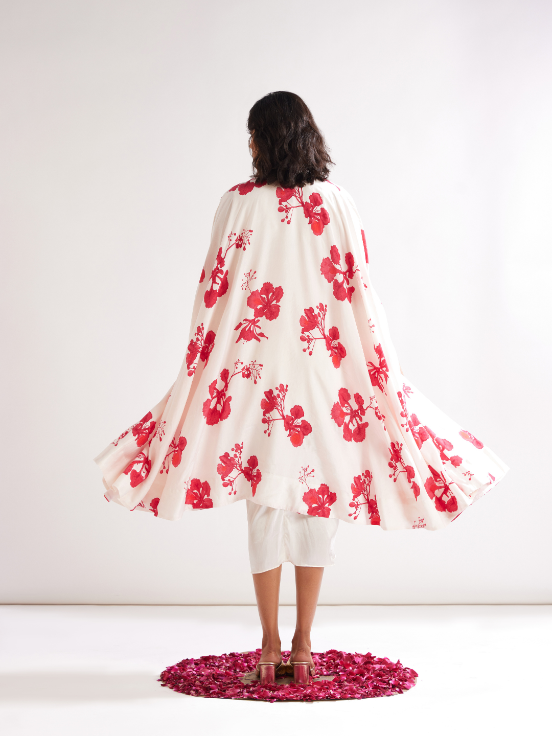 Pleated shoulder draped dress with Gulmohar cape- Ivory