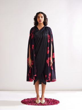Pleated shoulder draped dress with Gulmohar cape- Rich black