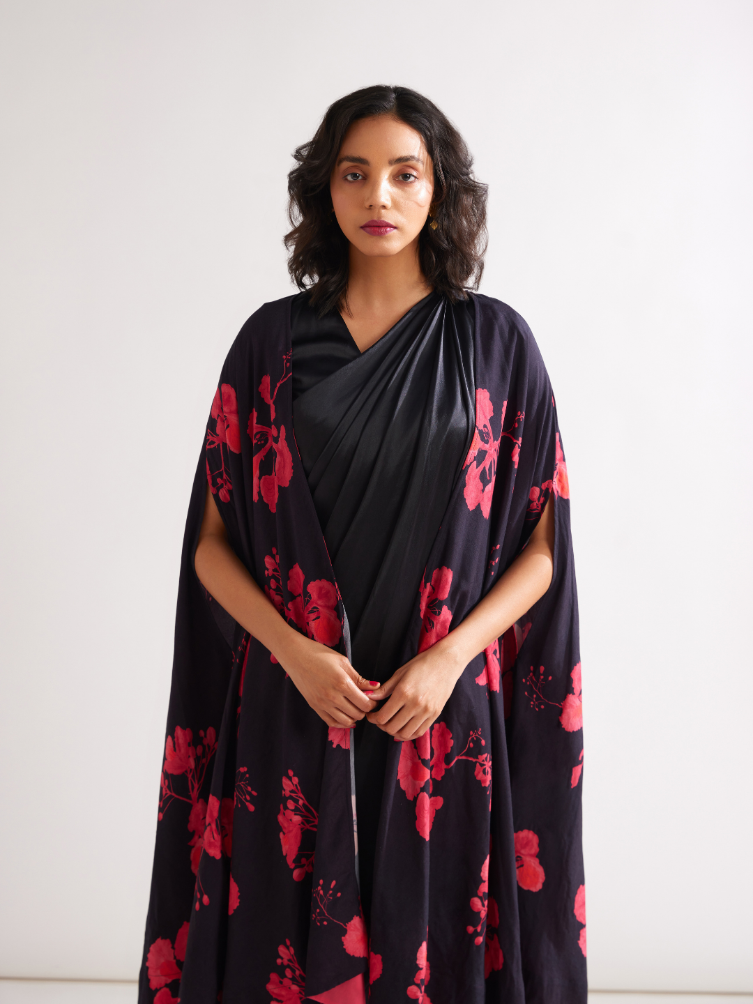 Pleated shoulder draped dress with Gulmohar cape- Rich black
