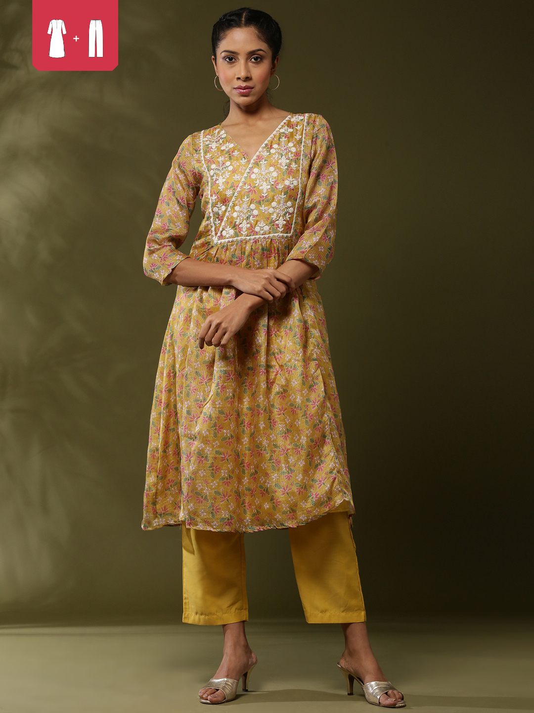 Floral printed yoke embroidered kurta set-yellow