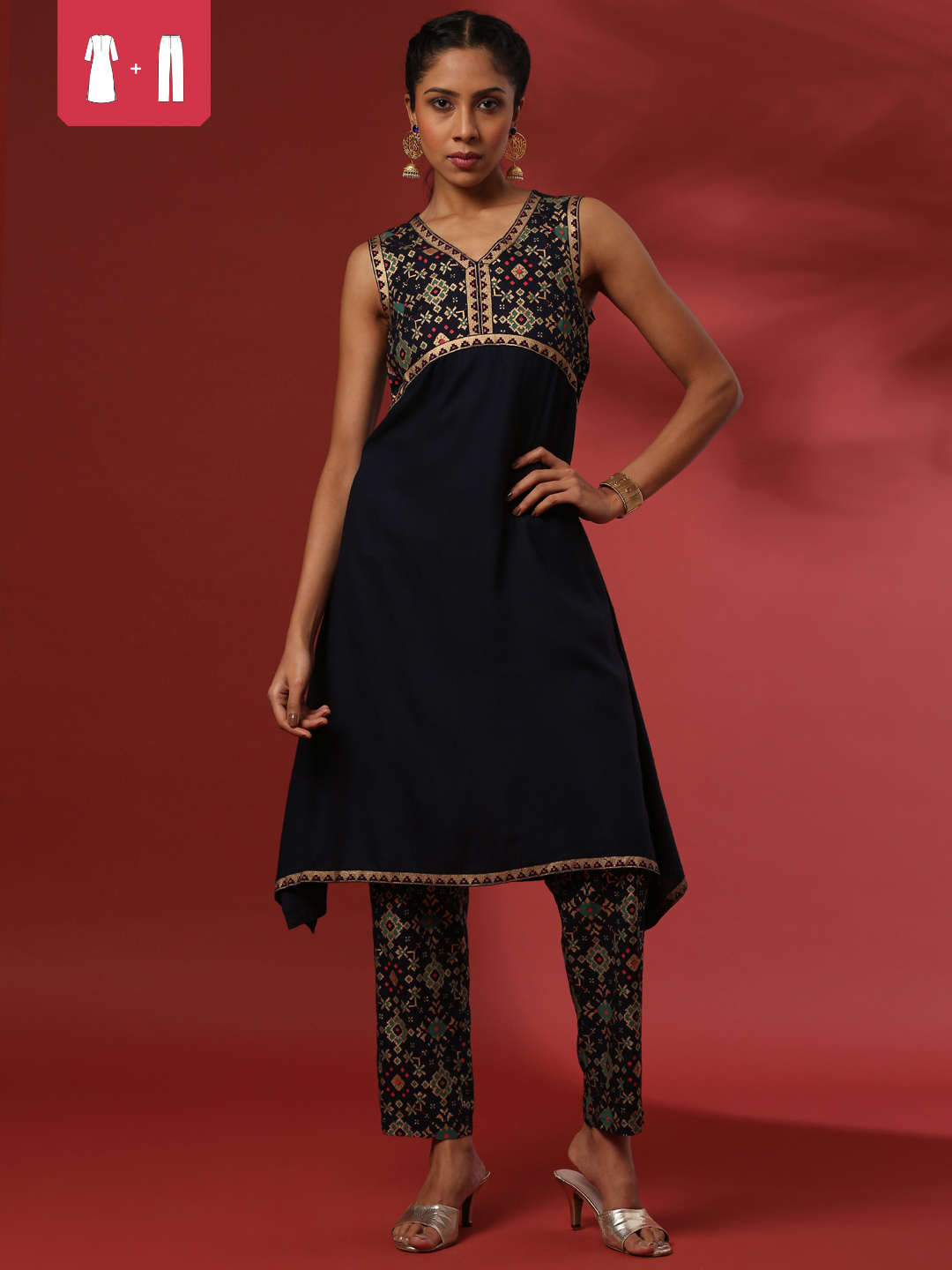 curved hem printed 2pc kurta set-navy