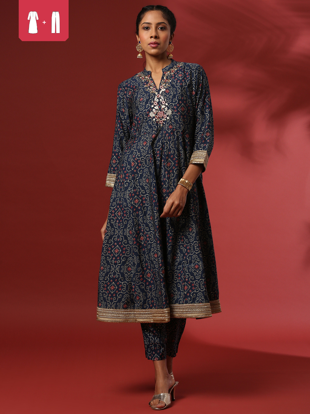Flared bandhni printed kurta set with neck embroidery-navy