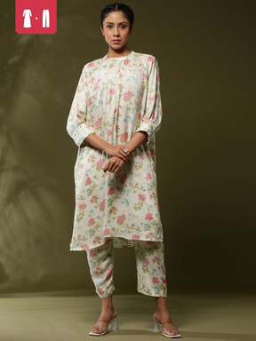 Close neck floral 2pc kurta set-offwhite