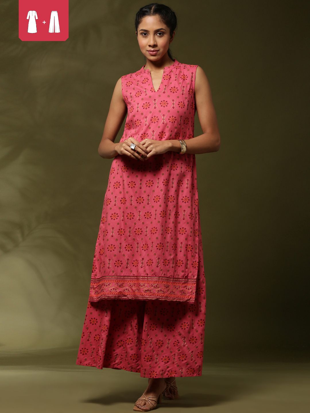 Geometric floral printed 2pc kurta set-coral