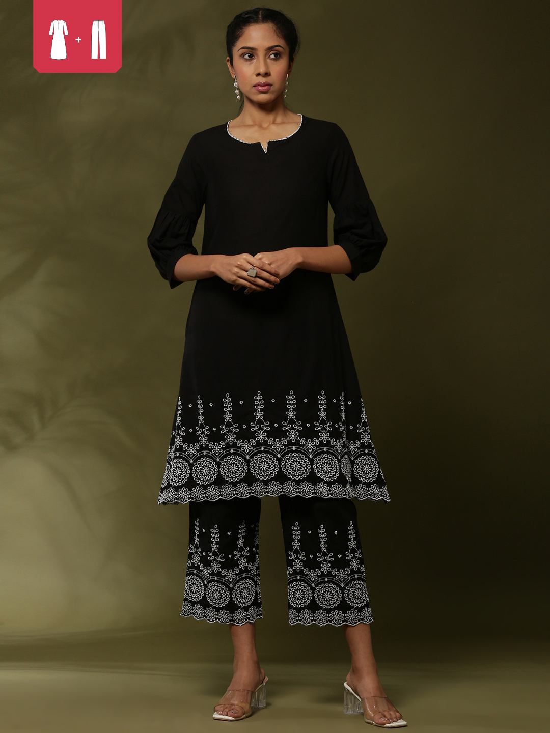 Schiffli 2pc kurta set- black