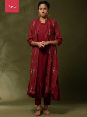 solid 3pc kurta set with embroidered jacket-maroon