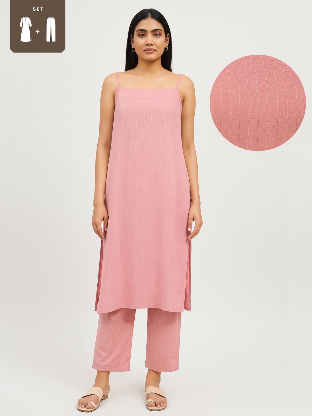Lurex Sequin Strappy Kurta and pant set- Pink