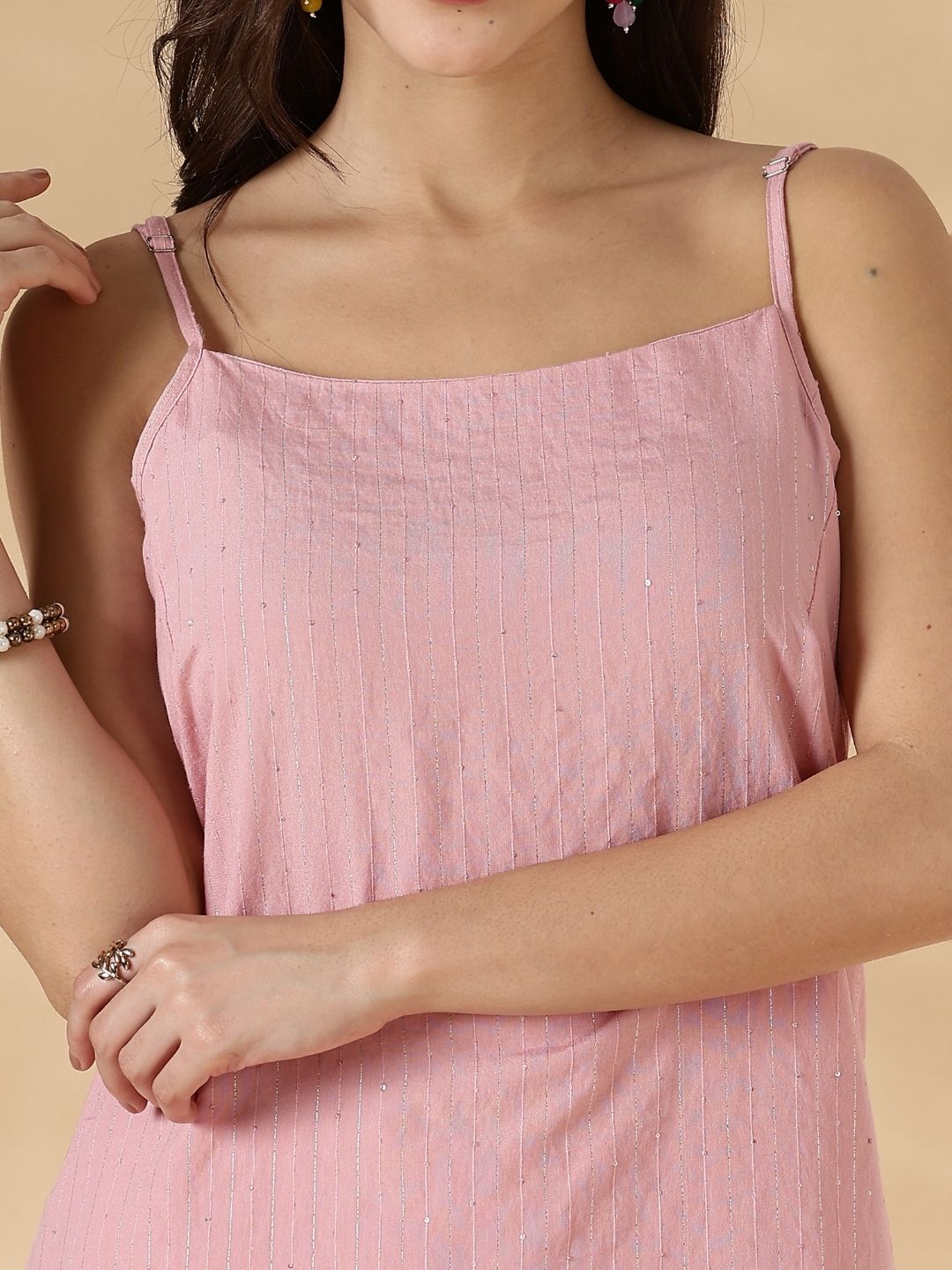 Lurex Sequin Strappy Kurta and pant set- Pink