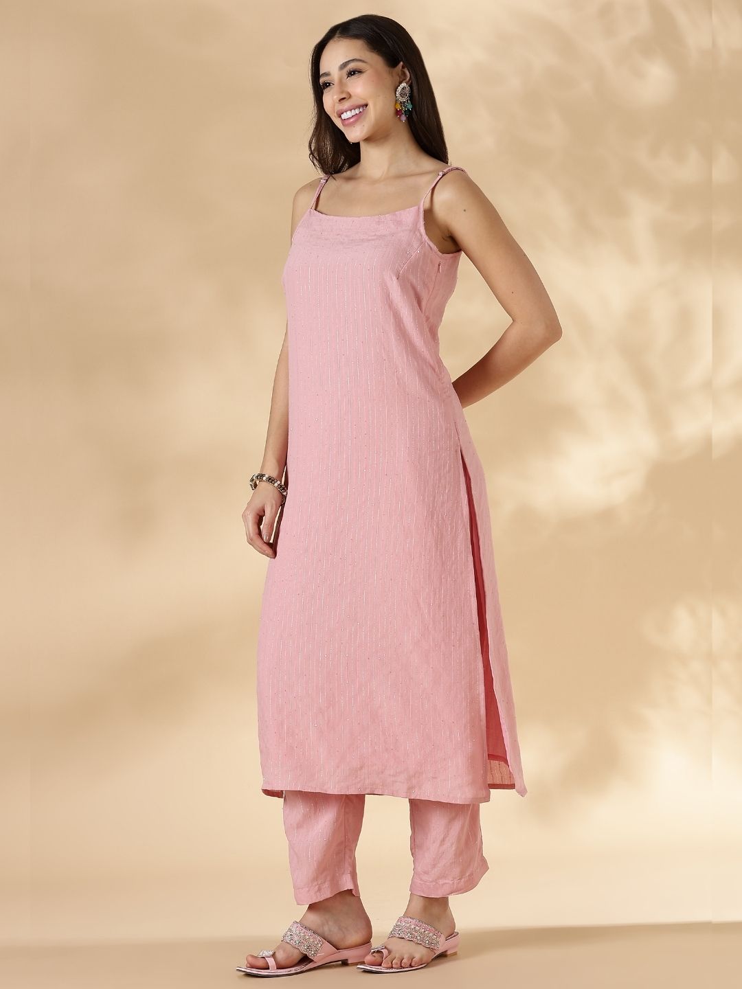 Lurex Sequin Strappy Kurta and pant set- Pink