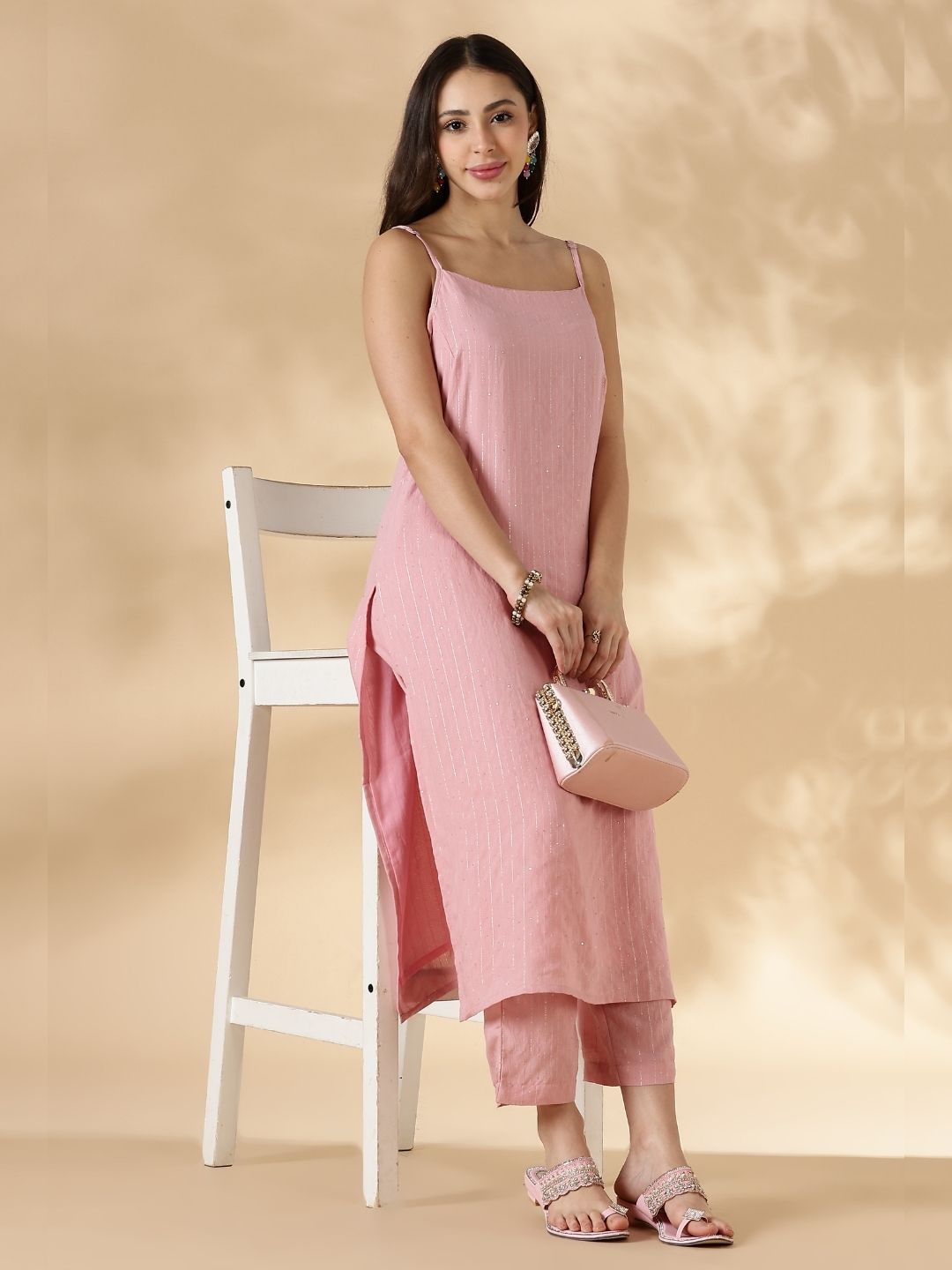 Lurex Sequin Strappy Kurta and pant set- Pink