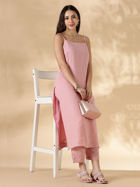 Lurex Sequin Strappy Kurta and pant set- Pink