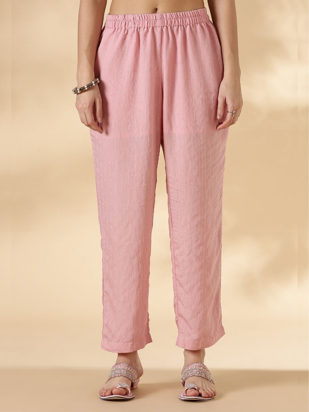 Lurex Sequin Strappy Kurta and pant set- Pink