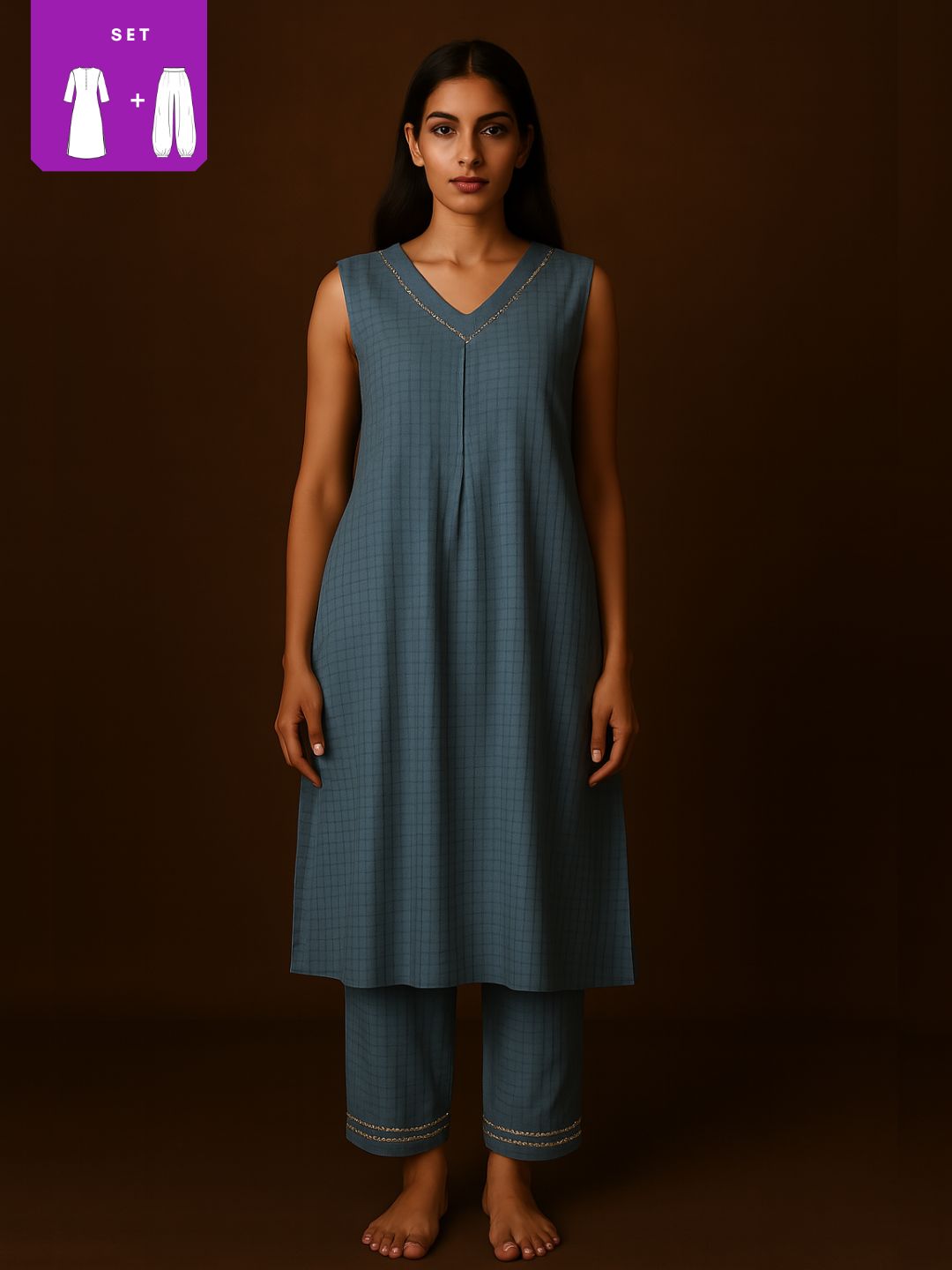 V Neck Textured Kurta pant set with delicate lace detailings