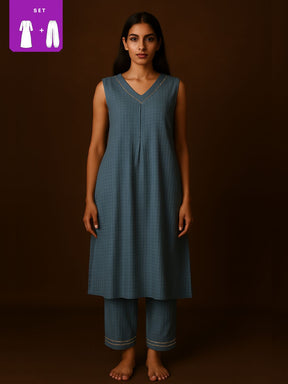 V Neck Textured Kurta pant set with delicate lace detailings