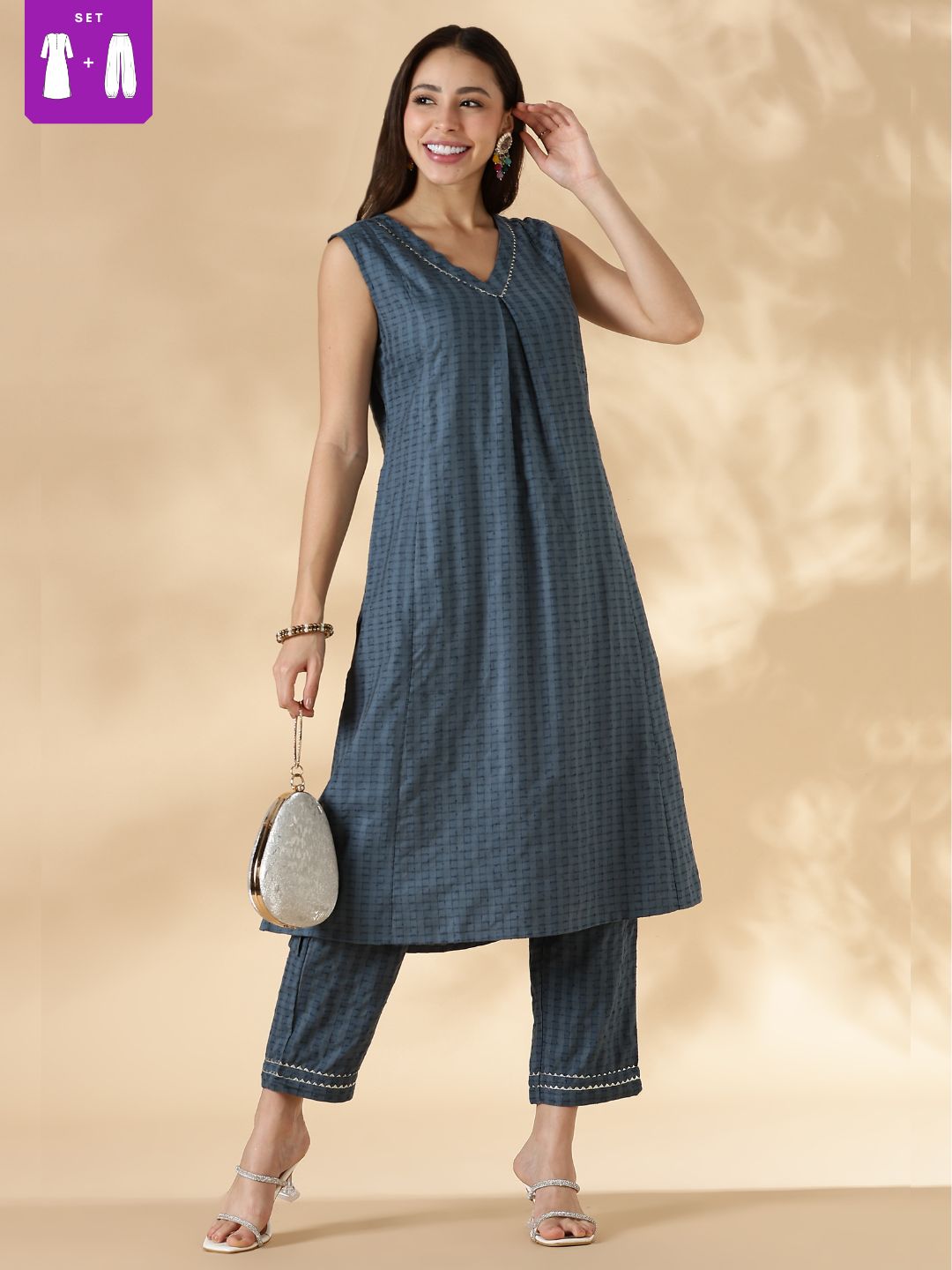 V Neck Textured Kurta pant set with delicate lace detailings