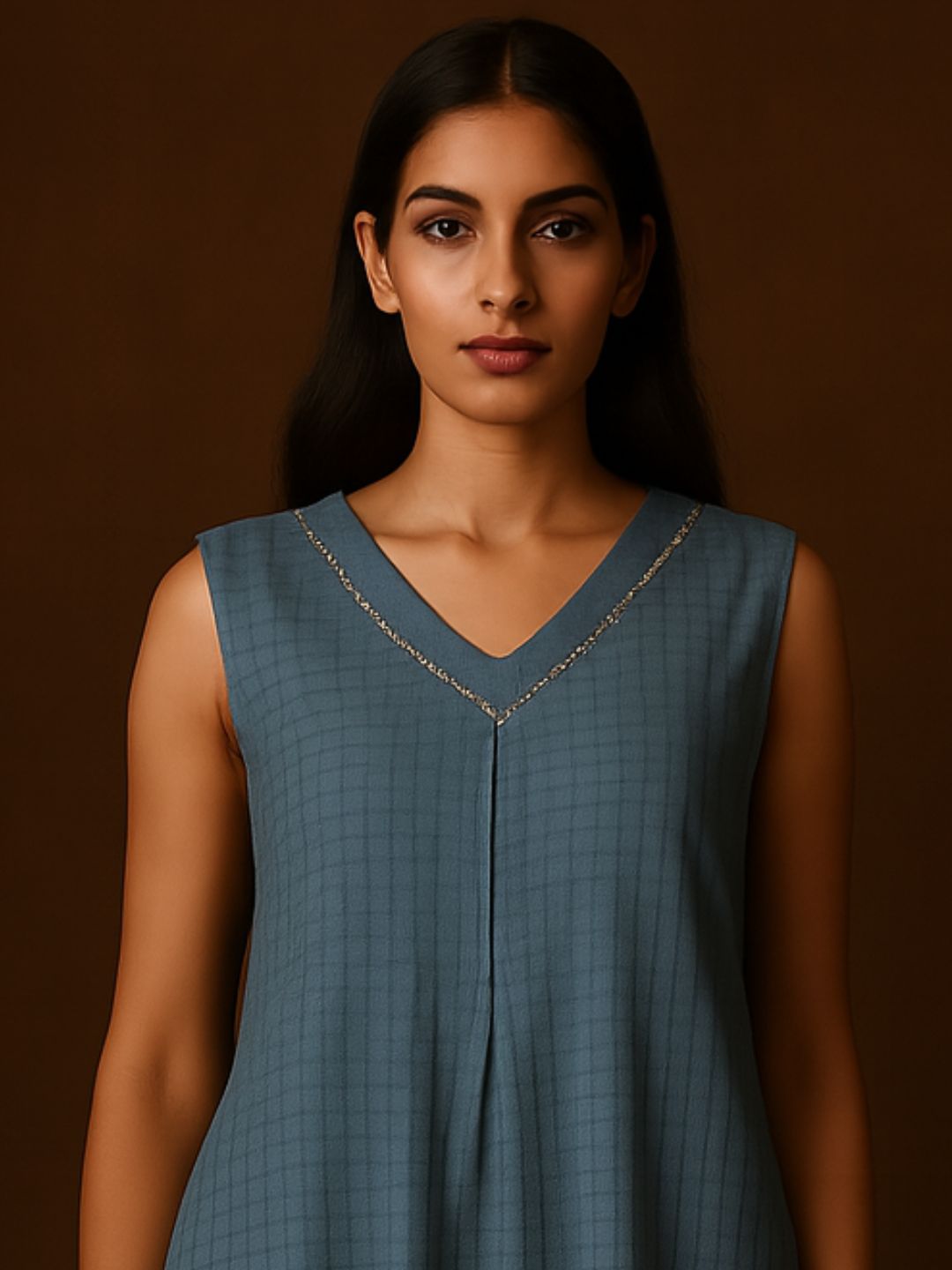 V Neck Textured Kurta pant set with delicate lace detailings