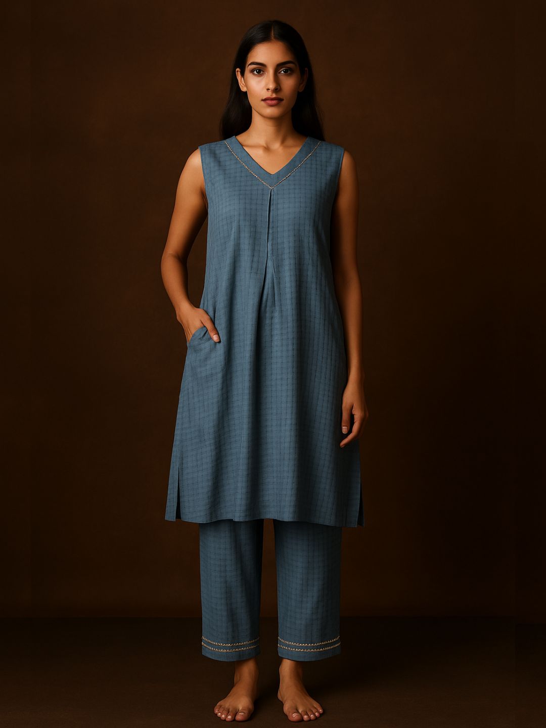 V Neck Textured Kurta pant set with delicate lace detailings