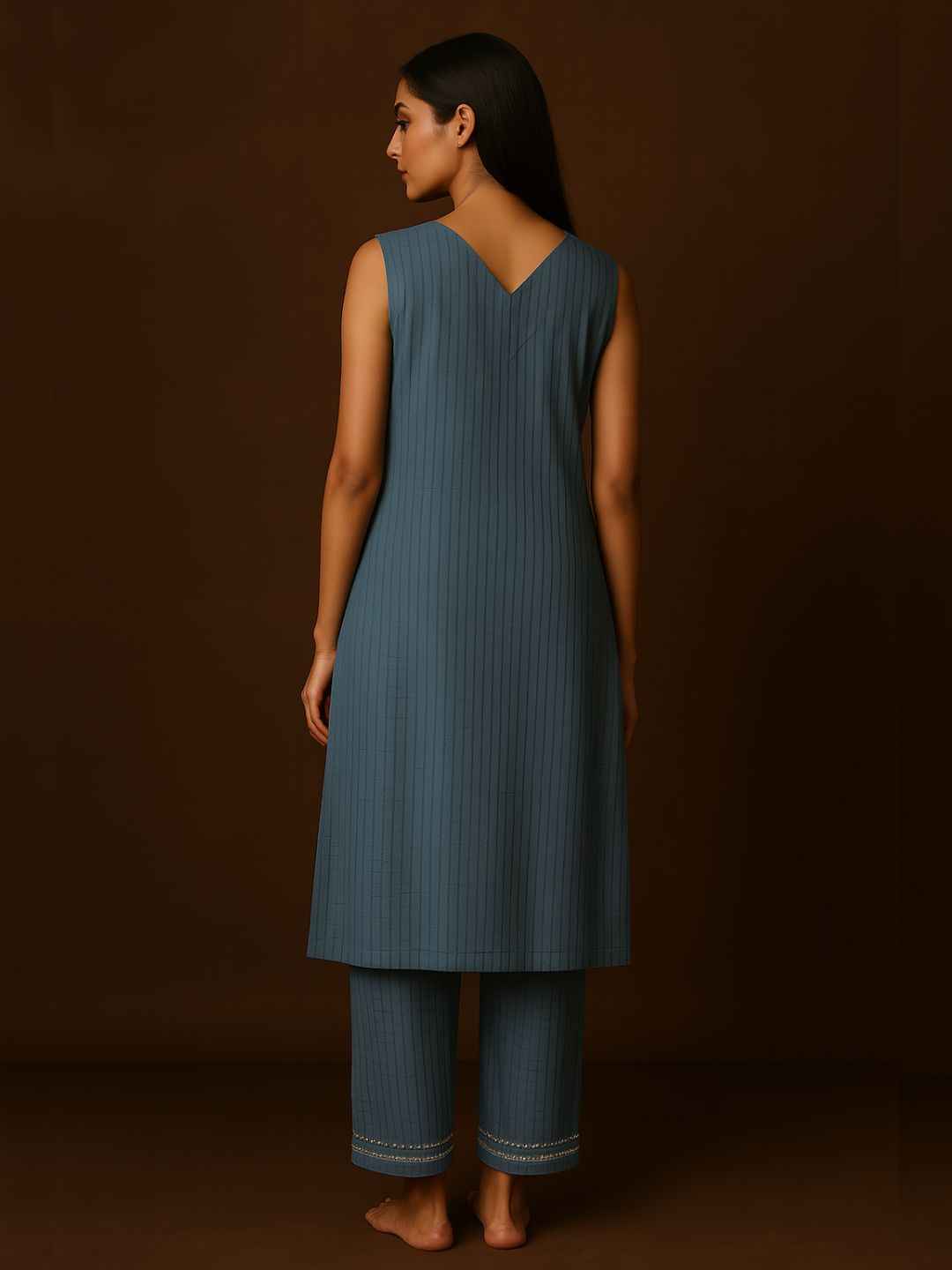 V Neck Textured Kurta pant set with delicate lace detailings