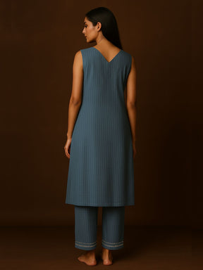 V Neck Textured Kurta pant set with delicate lace detailings