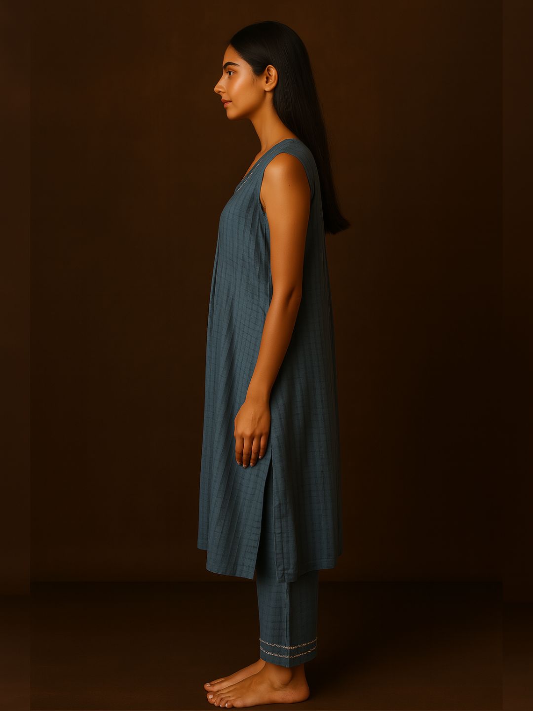 V Neck Textured Kurta pant set with delicate lace detailings