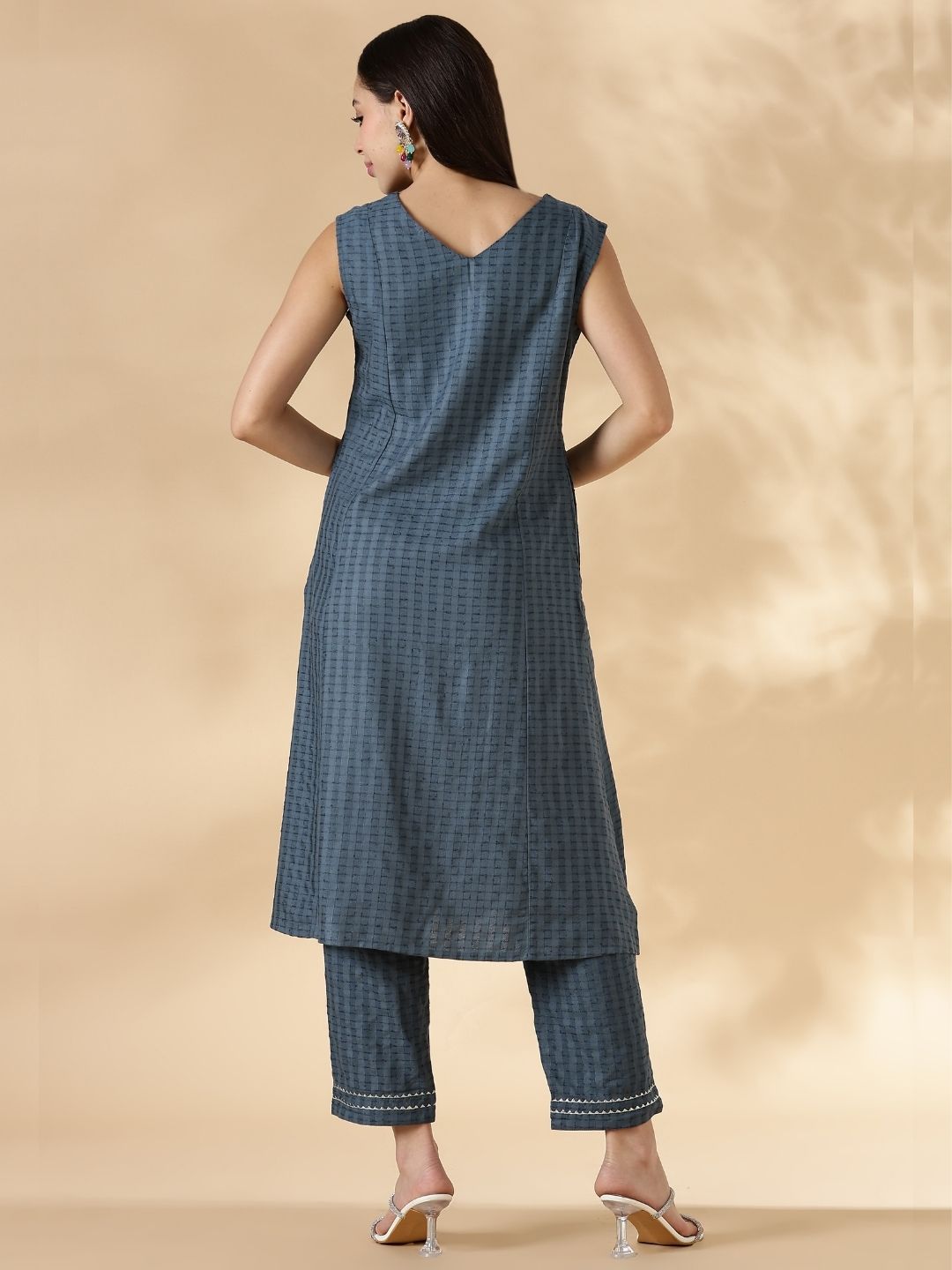 V Neck Textured Kurta pant set with delicate lace detailings