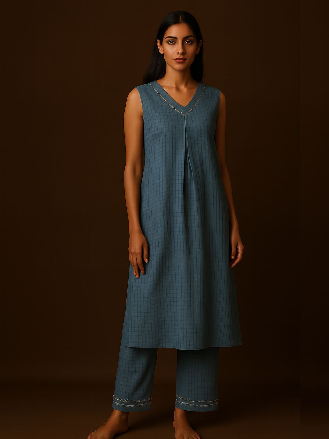 V Neck Textured Kurta pant set with delicate lace detailings